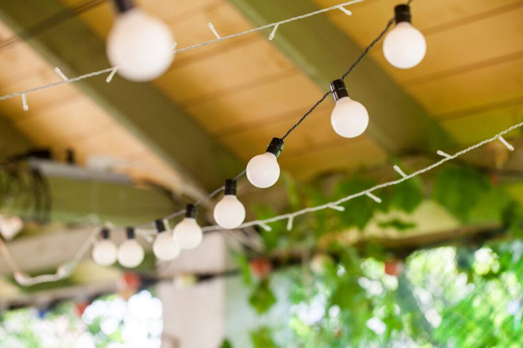 Outdoor string lights hanging in garden
