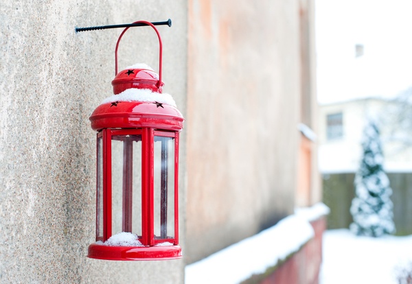 Christmas winter vintage red candle lantern hanging on