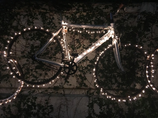 Bicycle and fairy lights in a garden at night time