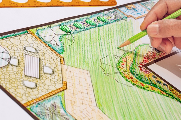 Designing a backyard garden plan on paper with coloured pencils