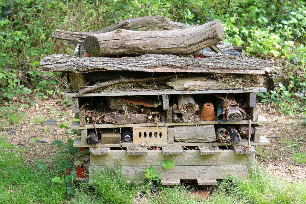 Recycled materials and wood pallets piled up to create a DIY Bug Hotel