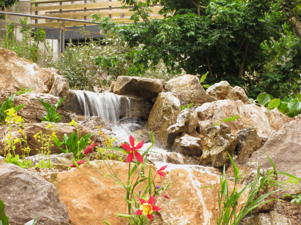 Waterfall with rocks and flowers